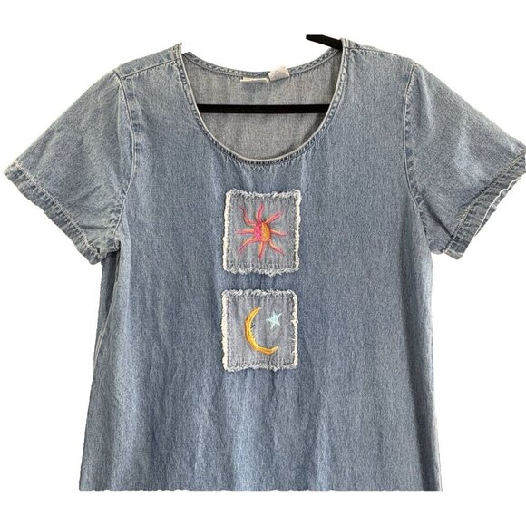 BLEU BAYOU Women Denim Midi Dress Sz M Blue Embroider Patches Short Sleeve 26-11 - Picture 3 of 11